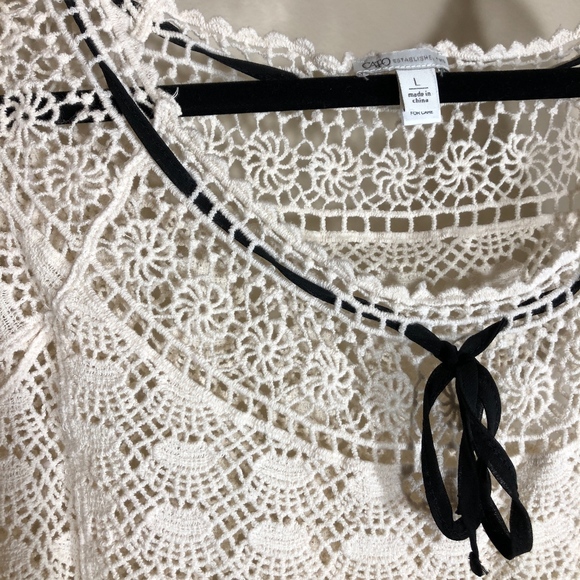 Cato Crochet Boho Lace Scallop Black Ribbon Top - Picture 3 of 6